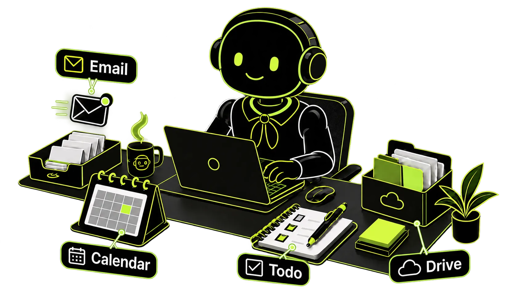 An AI assistant at a desk using Email, Calendar, Todo, and Drive.