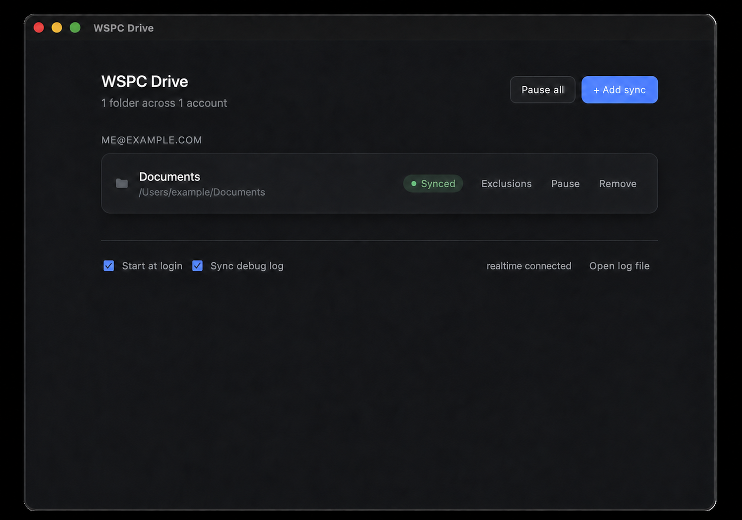 WSPC Drive dashboard showing a synced Documents folder and sync controls